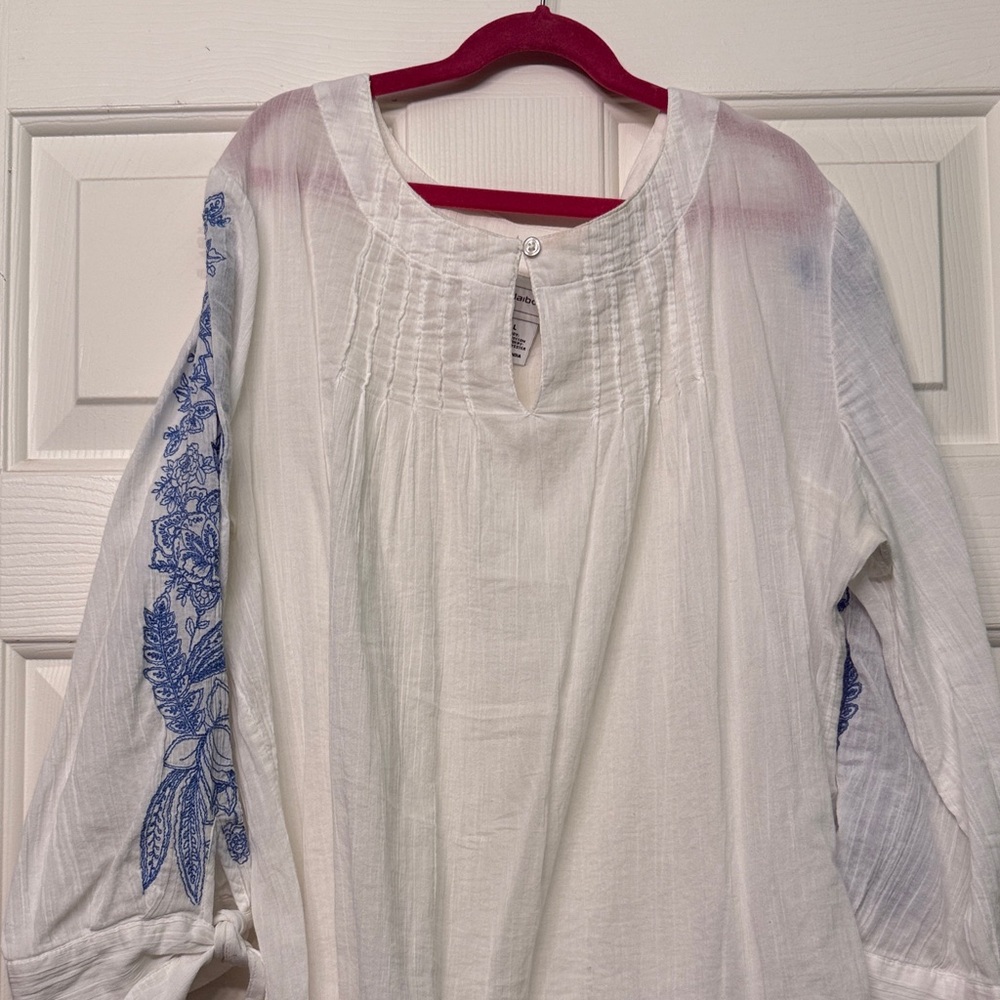 Liz Claiborne White Blouse with Blue Embroidery